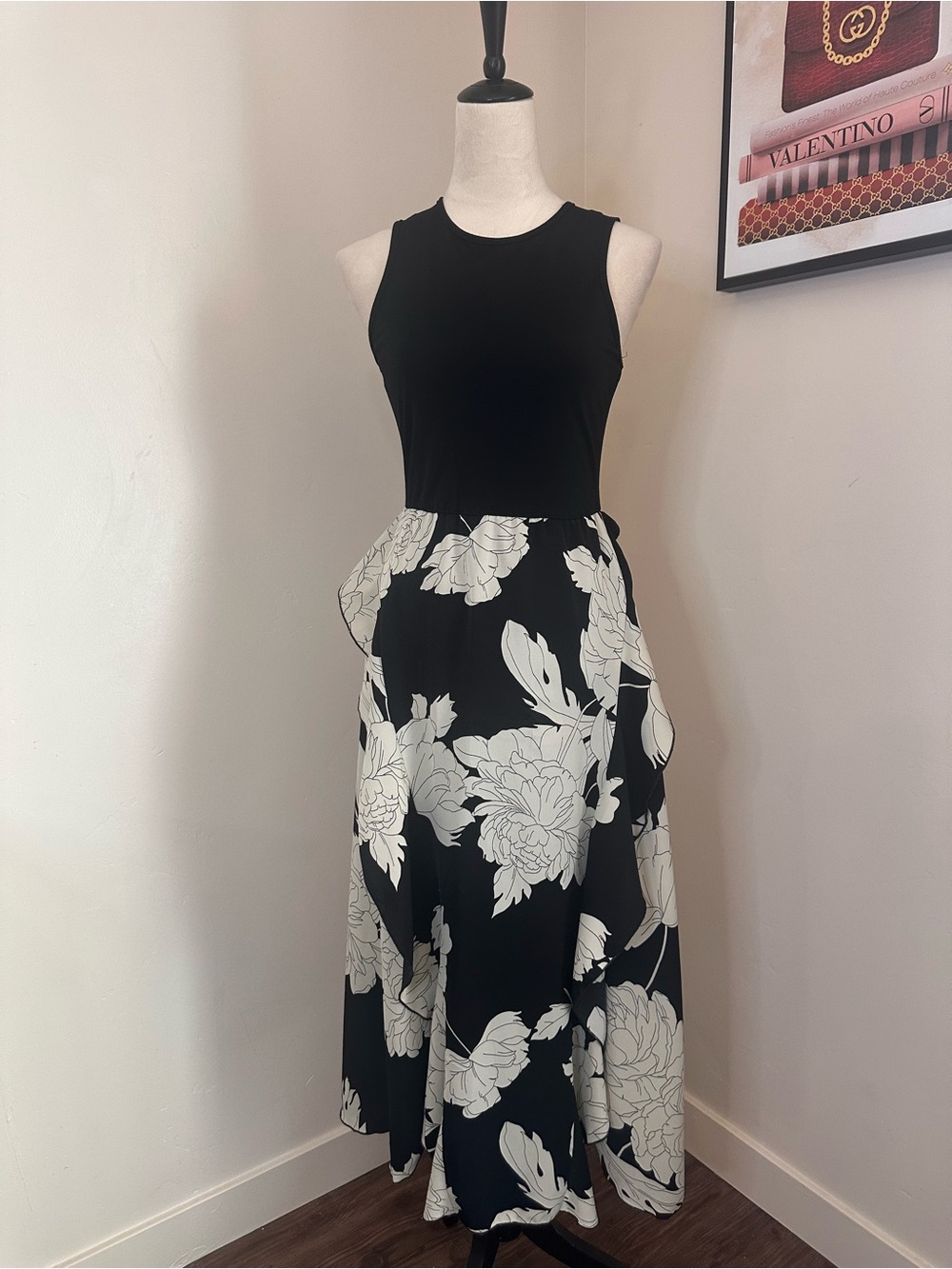 Sleeveless Black & White Floral Maxi Dress